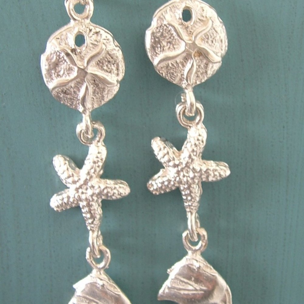 Vintage Mexico Starfish Sand Dollar Earrings Sterling Silver Dusters